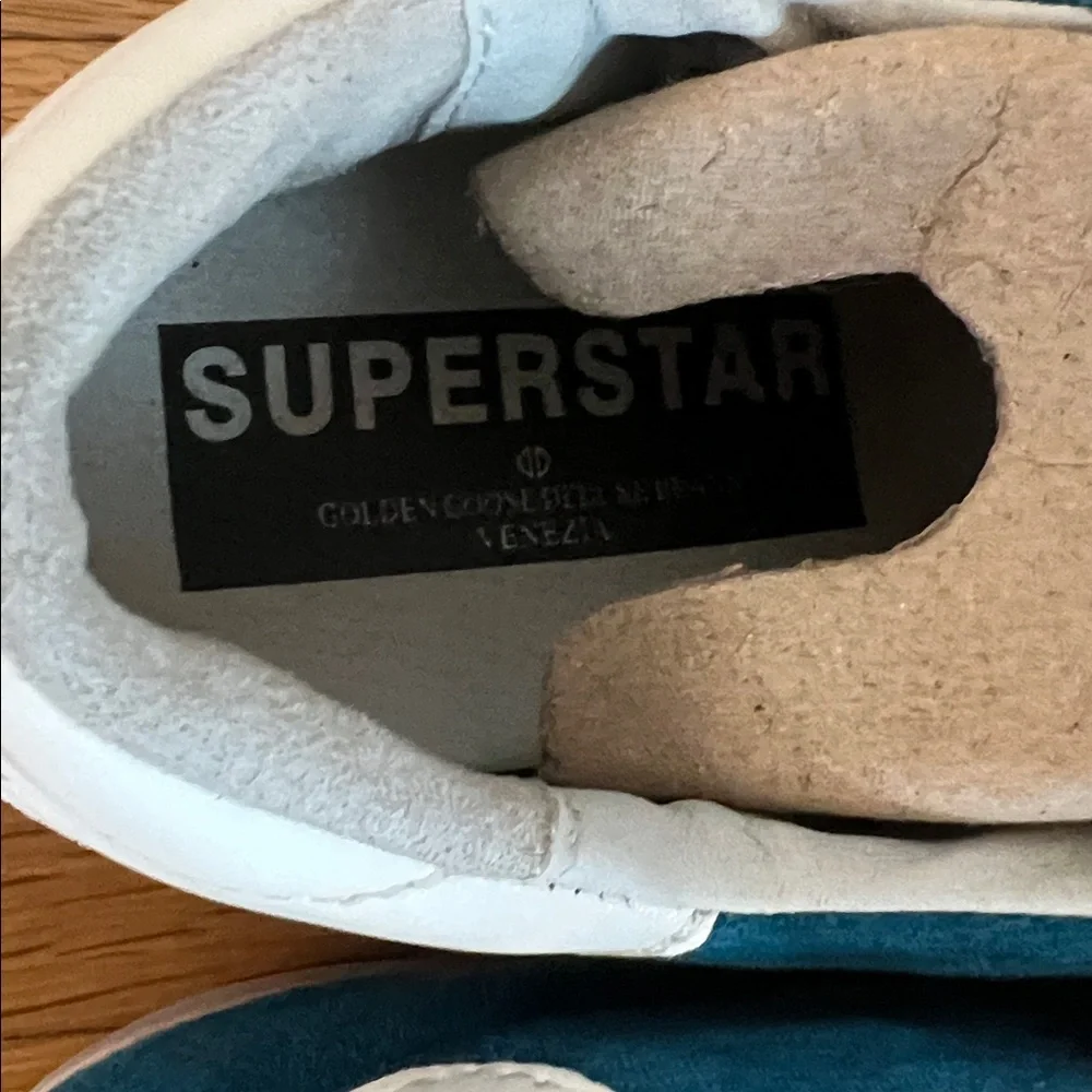 🕶️GGDB Golden Goose SUPERSTAR DISTRESSED TRAINERS IN turquoise w pink star US 11 - Picture 7 of 9